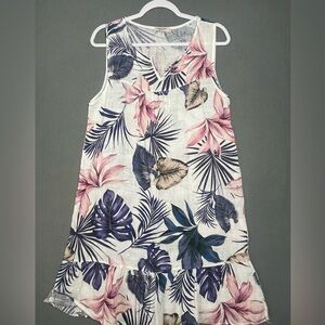 Lungo L’Arno 100% Linen Tropical Floral Dress Italy Sleeveless Ruffle Hem L
